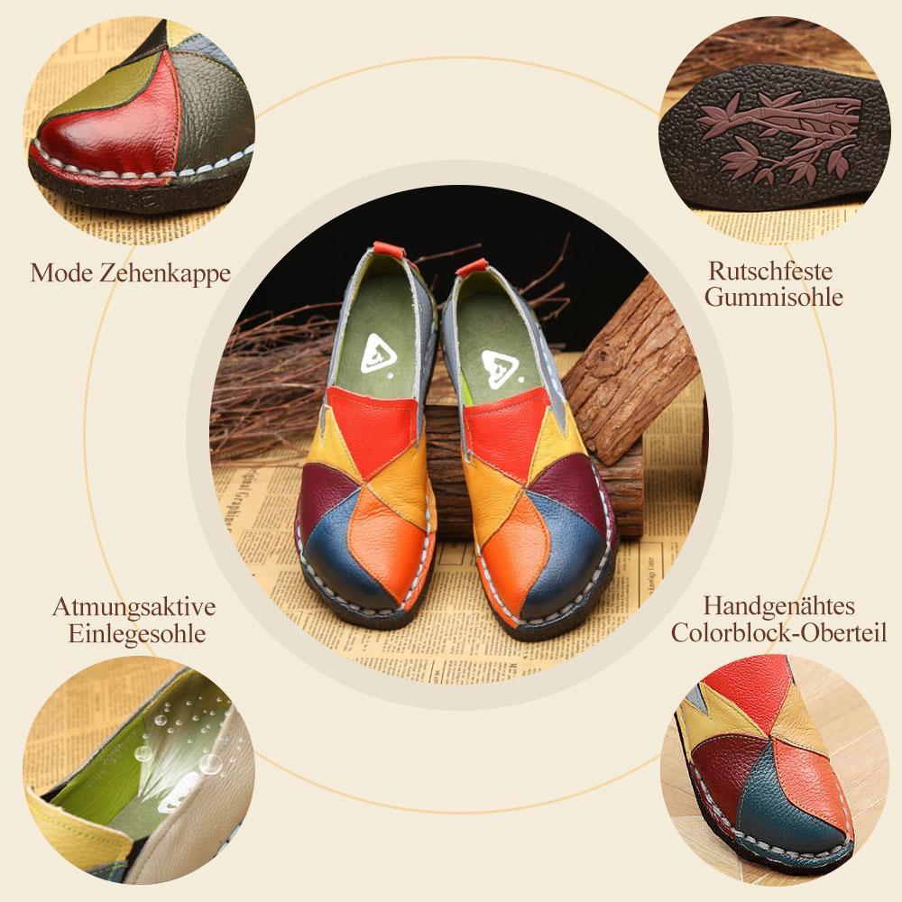 Nähende bunte Lederschuhe der Frauen