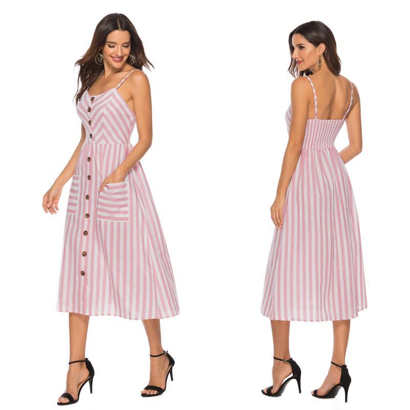 Gestreifte Spaghetti-TrÀger der Frauen Button-Down-Swing-Midikleid mit Taschen Sommer-Strandfest-Sommerkleid-Blau