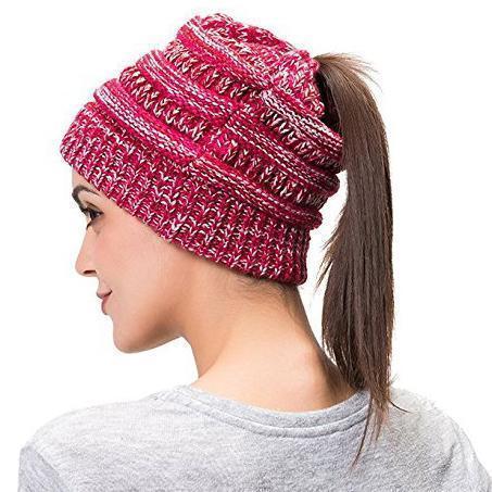 Weiche Gestrickte Pferdeschwanz-Mütze Mit Zöpfen Loch