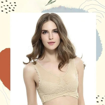 Drahtloser vorderer Kreuzschnallen-Spitzenlift-BH