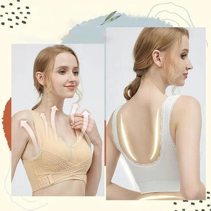 Drahtloser vorderer Kreuzschnallen-Spitzenlift-BH