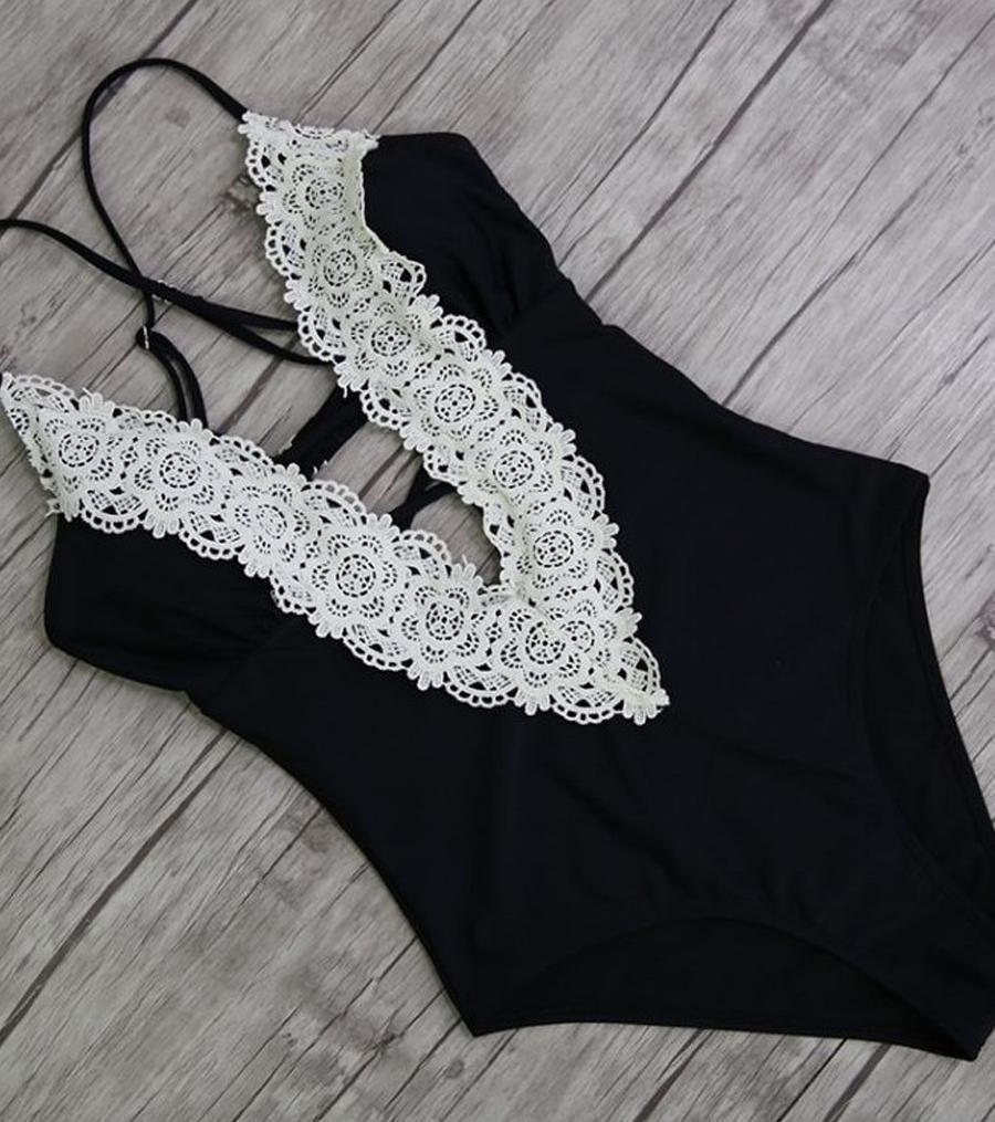 Damen Vintage  Spitzen Einteiliger Badeanzug