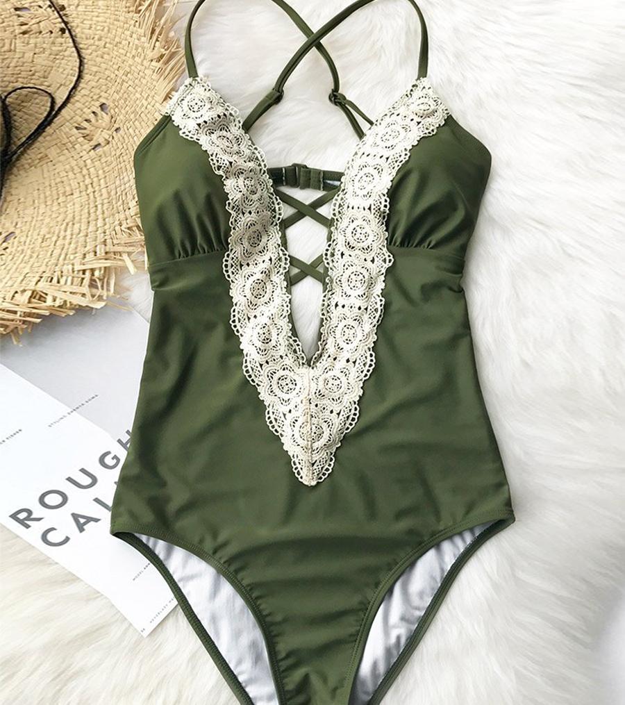 Damen Vintage  Spitzen Einteiliger Badeanzug