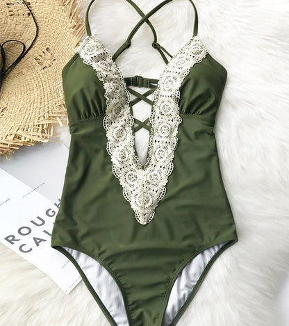 Damen Vintage  Spitzen Einteiliger Badeanzug